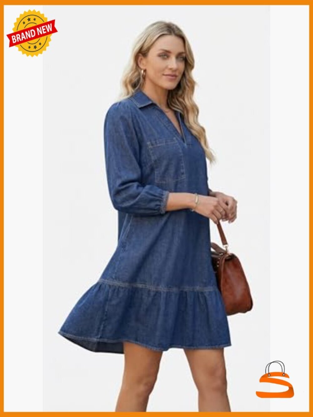Collared V Neck Denim Dress 3/4 Sleeve Casual Loose Babydoll Short Jean Dress - Picture 5 of 5
